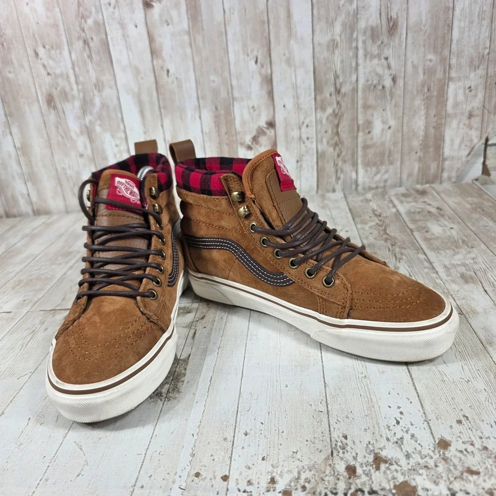 Vans‎ Sk8-Hi MTE Brown Suede Plaid Flannel High Top Sneakers Womens 7 Mens 5.5